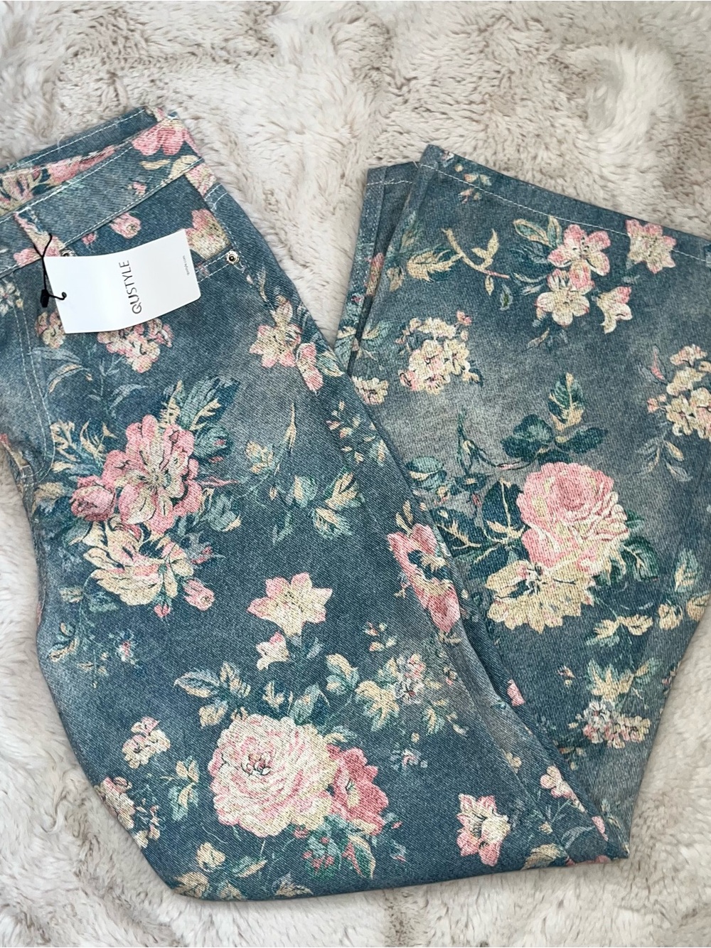 Floral Print Denim Jeans with Pink Roses
